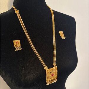 Indian Intricate Gold Necklace with Red Gemstone